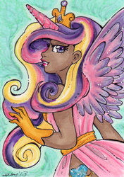 Size: 422x600 | Tagged: safe, artist:nickyflamingo, princess cadance, human, g4, dark skin, female, horn, horned humanization, humanized, solo, traditional art, winged humanization