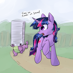 Size: 1500x1500 | Tagged: safe, artist:eshredder, spike, twilight sparkle, dragon, pony, g4, dialogue, duo, paper, pile, speech bubble