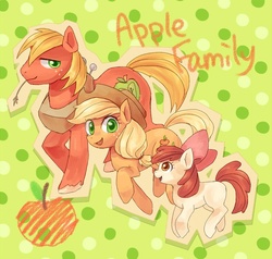 Size: 787x750 | Tagged: safe, artist:hanada, apple bloom, applejack, big macintosh, earth pony, pony, g4, abstract background, apple, apple family, applejack's hat, bow, brother and sister, cowboy hat, female, filly, food, freckles, hair bow, hat, looking at you, male, mare, open mouth, pixiv, smiling, stallion