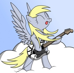 Size: 2417x2377 | Tagged: safe, artist:friendshipismetal777, derpy hooves, pony, g4, bipedal, cloud, electric guitar, eyes closed, female, guitar, musical instrument, playing, smiling, solo, standing, tongue out