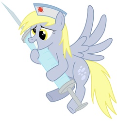 Size: 2060x2135 | Tagged: safe, artist:friendshipismetal777, derpy hooves, pegasus, pony, g4, female, flying, giant syringe, grin, hat, hug, nurse, nurse hat, run, simple background, smiling, solo, spread wings, squee, syringe, underhoof, white background