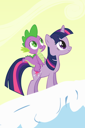 Size: 640x960 | Tagged: safe, screencap, spike, twilight sparkle, dragon, pony, unicorn, g4, winter wrap up, cropped, dragons riding ponies, duo, iphone wallpaper, looking up, riding, spike riding twilight, unicorn twilight