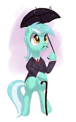 Size: 1246x2000 | Tagged: safe, artist:hieronymuswhite, lyra heartstrings, pony, unicorn, g4, bipedal, cane, clothes, colored pupils, featureless crotch, female, hoof hold, like a sir, moustache, necktie, rain, simple background, solo, standing, suit, umbrella, white background