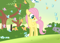 Size: 6000x4296 | Tagged: safe, artist:glitched-nimbus, fluttershy, bird, butterfly, rabbit, g4, the cutie mark chronicles, absurd resolution, blank flank, cute, female, filly, filly fluttershy, vector, younger