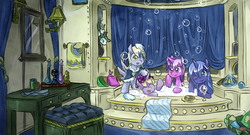 Size: 700x378 | Tagged: safe, artist:saturnspace, amethyst star, derpy hooves, dinky hooves, princess luna, sparkler, pegasus, pony, g4, bath, female, mare, wet mane