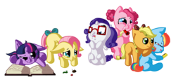 Size: 1500x700 | Tagged: safe, artist:thegrumpyturtle, applejack, fluttershy, pinkie pie, rainbow dash, rarity, twilight sparkle, g4, airhorn, filly, glasses, mane six