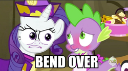 Size: 687x385 | Tagged: safe, edit, edited screencap, screencap, rarity, spike, dragon, pony, unicorn, dragon quest, g4, apron, bend over, blushing, caption, clothes, face swap, female, hub logo, image macro, implied sex, male, mare, meme, rarity's bad pickup lines, ship:sparity, shipping, special eyes, straight, subtle as a train wreck