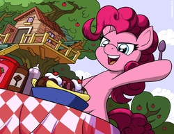 Size: 1650x1276 | Tagged: safe, artist:latecustomer, pinkie pie, earth pony, pony, g4, banana split, clubhouse, crusaders clubhouse, cute, diapinkes, female, food, hoof hold, ice cream, neapolitan, open mouth, solo, spoon, table