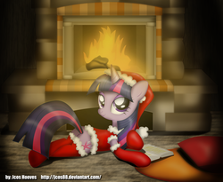 Size: 4904x4015 | Tagged: safe, artist:jcosneverexisted, twilight sparkle, pony, unicorn, g4, absurd resolution, bedroom eyes, butt, christmas, clothes, female, fireplace, mare, plot, santa costume, socks, solo