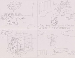 Size: 1500x1161 | Tagged: safe, artist:santanon, fluffy pony, cage, comic, feral fluffy pony, smarty friend, speech bubble, superjail, traditional art