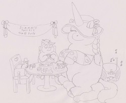 Size: 1500x1229 | Tagged: safe, artist:santanon, fluffy pony, cake, fluffy pony original art, music, music notes, simmer, stereo, table, tangelo and tangerine, tea, tea party, teapot, traditional art, wingmastew
