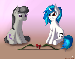 Size: 1280x1008 | Tagged: safe, artist:capseys, dj pon-3, octavia melody, vinyl scratch, g4, bow, bow (weapon), visual pun