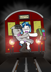 Size: 1754x2480 | Tagged: safe, artist:bobthedalek, dj pon-3, octavia melody, vinyl scratch, earth pony, pony, unicorn, g4, duo, london, suitcase, train