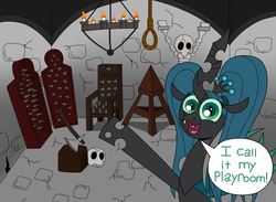 Size: 1280x938 | Tagged: safe, artist:jay muniz, queen chrysalis, changeling, changeling queen, ask crinkle bottom chrysalis, g4, axe, dead, dungeon, female, iron maiden, judas cradle, noose, skeleton, skull, torture device