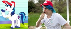 Size: 1334x552 | Tagged: safe, artist:thelordcommander, shining armor, human, g4, games ponies play, comparison, cosplay, irl, irl human, photo
