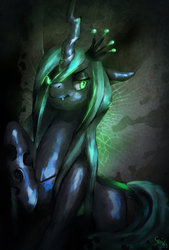 Size: 1024x1512 | Tagged: safe, artist:suiamena, queen chrysalis, changeling, changeling queen, g4, crown, female, jewelry, raised hoof, regalia, solo