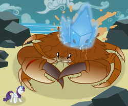 Size: 3621x3000 | Tagged: safe, artist:godoffury, rarity, crab, giant crab, g4, beach, crystal, fight, magic, rarity fighting a giant crab