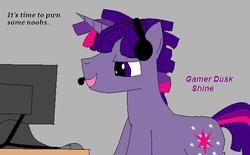 Size: 612x379 | Tagged: safe, twilight sparkle, pony, unicorn, ask gamer dusk shine, g4, computer, dialogue, dusk shine, gamer, gray background, headset, open mouth, rule 63, simple background, smiling, solo, video game