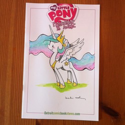 Size: 500x500 | Tagged: safe, artist:katie cook, idw, princess celestia, g4, blushing, cute, cutelestia, female, smiling, solo, spread wings, traditional art