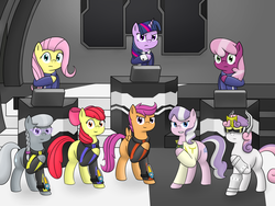 Size: 1600x1200 | Tagged: safe, artist:pvryohei, apple bloom, cheerilee, diamond tiara, fluttershy, scootaloo, silver spoon, sweetie belle, twilight sparkle, earth pony, pegasus, pony, robot, unicorn, g4, blank flank, crossover, cutie mark, cutie mark crusaders, female, filly, foal, glasses, go-busters, hooves, horn, looking at you, mare, smiling, super sentai, sweetie bot, teeth, tokumei sentai go-busters, wings
