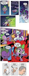 Size: 502x1313 | Tagged: safe, edit, idw, official comic, rarity, spike, dragon, pony, unicorn, g4, spoiler:comic, comic, cough, drama, female, fire ruby, male, mare, meme, montage, possessed