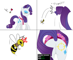 Size: 1200x1000 | Tagged: safe, artist:bsting, rarity, bee, pony, unicorn, g4, angry, bee fetish, butt, comic, cross-popping veins, eyes closed, female, heart, plot, rearity, smiling, stinger