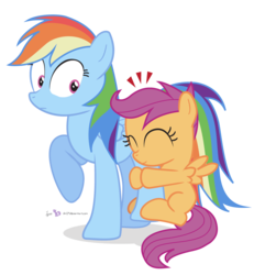 Size: 960x1040 | Tagged: safe, artist:dm29, rainbow dash, scootaloo, pegasus, pony, g4, blank flank, cute, cutealoo, duo, eyes closed, female, filly, foal, hug, leg hug, mare, raised hoof, simple background, spread wings, transparent background, wings