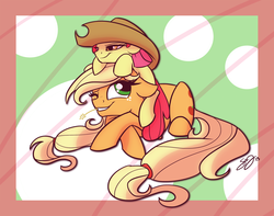 Size: 800x631 | Tagged: dead source, safe, artist:probablyfakeblonde, apple bloom, applejack, earth pony, pony, g4, accessory swap, apple sisters, female, filly, foal, mare, siblings, sisters