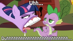 Size: 1200x676 | Tagged: safe, artist:blue-von, spike, twilight sparkle, g4, caption, drawn together, drool, frown, glare, open mouth, tongue out, unamused, voice actor joke