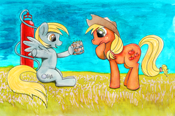 Size: 1024x678 | Tagged: safe, artist:jrrhack, applejack, derpy hooves, pegasus, pony, g4, female, mare, mug, traditional art