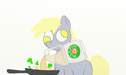 Size: 1024x610 | Tagged: safe, artist:evetssteve, derpy hooves, pegasus, pony, g4, cooking, female, jug, mare, mouth hold, pan, solo