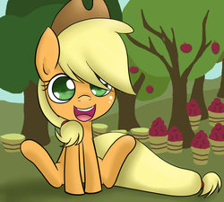 Size: 942x848 | Tagged: safe, artist:anna-captor, applejack, g4, apple, cute, female, happy, sitting, solo, tree