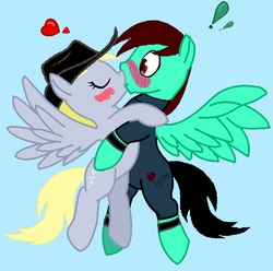 Size: 753x747 | Tagged: safe, artist:raindashesp, edit, derpy hooves, oc, oc:ryan cooper, pegasus, pony, g4, blushing, female, heart, kissing, male, shipping, straight