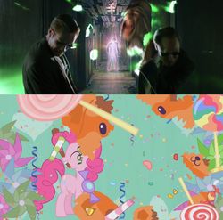 Size: 1280x1264 | Tagged: safe, pinkie pie, g4, fourth wall, piñata, the matrix