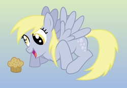 Size: 1074x743 | Tagged: safe, artist:ohemo, derpy hooves, pegasus, pony, g4, female, happy, mare, muffin, solo