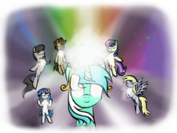 Size: 1024x768 | Tagged: safe, artist:timeywimeywhooves, bon bon, derpy hooves, dj pon-3, doctor whooves, lyra heartstrings, octavia melody, sweetie drops, time turner, vinyl scratch, earth pony, pegasus, pony, unicorn, g4, abstract background, alternate mane six, background pony, background six, big crown thingy, element of magic, elements of harmony, eyes closed, female, floating, glowing eyes, magic, male, mare, smiling, stallion, the elements in action