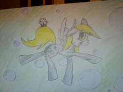 Size: 640x480 | Tagged: safe, artist:rainistorm, derpy hooves, pegasus, pony, g4, bubble, female, mare, muffin, photo, solo, traditional art