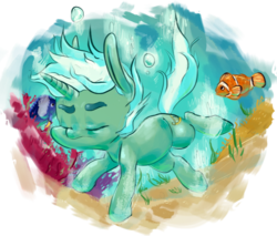 Size: 710x604 | Tagged: dead source, safe, artist:tweissie, lyra heartstrings, fish, pony, unicorn, g4, clownfish, eyes closed, female, ocean, simple background, solo, swimming, thick eyebrows, transparent background, underwater, water