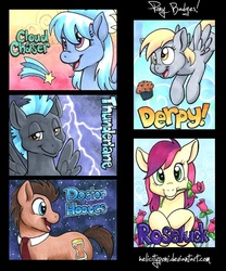 Size: 600x722 | Tagged: safe, artist:helicityponi, cloudchaser, derpy hooves, doctor whooves, roseluck, thunderlane, time turner, earth pony, pegasus, pony, g4, female, flower, lightning, mare, muffin, necktie, rose, traditional art