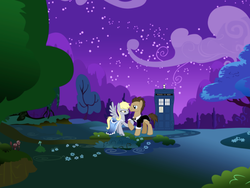 Size: 1024x768 | Tagged: safe, artist:x-turent, derpy hooves, doctor whooves, time turner, pegasus, pony, g4, clothes, date, dress, female, male, mare, night, ship:doctorderpy, shipping, straight, tardis