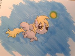 Size: 1032x774 | Tagged: safe, artist:swedishpancaces, derpy hooves, pegasus, pony, g4, female, mare, notebook, solo, sun, traditional art