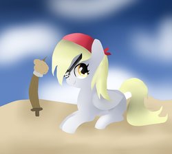 Size: 945x846 | Tagged: safe, artist:princesswoona1, derpy hooves, pegasus, pony, g4, bandana, eyepatch, female, mare, muffin, pirate, pirate derpy, sword