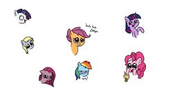 Size: 1158x689 | Tagged: safe, artist:anevilzebra, derpy hooves, pinkie pie, rainbow dash, rarity, scootaloo, twilight sparkle, pegasus, pony, g4, candle, expressions, female, mare, muffin, pinkamena diane pie