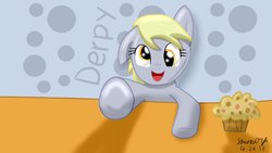 Size: 1191x670 | Tagged: safe, artist:simonorj, derpy hooves, pegasus, pony, g4, female, fourth wall, mare, muffin, reaching, solo, wallpaper
