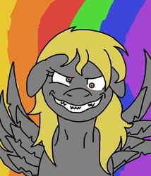 Size: 768x898 | Tagged: safe, artist:thejokerrises, derpy hooves, pegasus, pony, g4, female, grin, insanity, mare, rainbow, smiling, solo