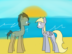 Size: 1024x768 | Tagged: safe, artist:dealk, derpy hooves, doctor whooves, time turner, ghost, ghost pony, pegasus, pony, g4, beach, crying, female, male, mare, ocean, sad, sand, ship:doctorderpy, shipping, straight, sun, water