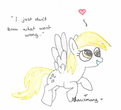 Size: 680x620 | Tagged: safe, artist:the-horse-whisperer, derpy hooves, pegasus, pony, g4, female, heart, mare, quote, solo, traditional art