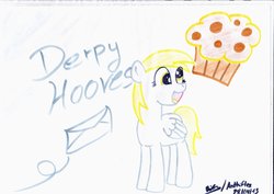 Size: 1024x724 | Tagged: safe, artist:anthiflex, derpy hooves, pegasus, pony, g4, female, happy, letter, mail, mare, muffin, solo, traditional art