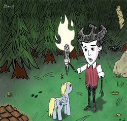 Size: 3000x2850 | Tagged: safe, derpy hooves, human, pegasus, spider, g4, boulder, crossover, don't starve, female, flower, male, mare, seeds, torch, wilson (don't starve)