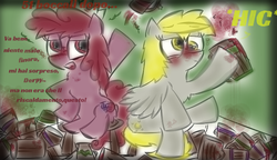 Size: 663x383 | Tagged: safe, artist:kingflurry, berry punch, berryshine, derpy hooves, pegasus, pony, g4, alcohol, blushing, cup, drink, drinking, drunk, female, mare, mug, spanish